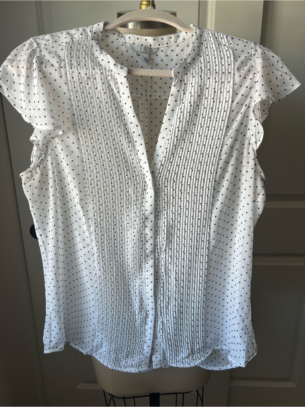 H&M Sheer White Blouse with Black Polka Dots and Pintuck Front